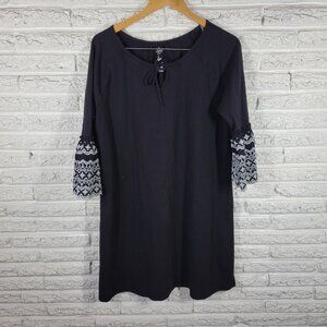 St. John's Bay XL Black Dress Embroidered Keyhole 3/4 Bell Sleeve BLA160E